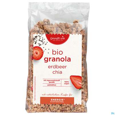 Sie sehen eine Packung Gewusst Wie Bio Muesli Chia Crunchy Erdbeer 375g, Produktbild: 02 Gewusst Wie Bio Muesli Chia Crunchy Erdbeer 375g, A-Nr.: 4399772 - 02