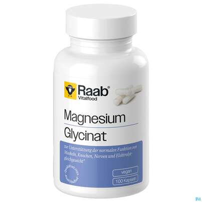 Sie sehen eine Packung Magnesium Glycinat Kapseln Raab 100st, Produktbild: 01 Magnesium Glycinat Kapseln Raab 100st, A-Nr.: 5925613 - 01