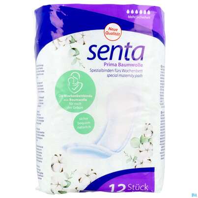 Sie sehen eine Packung Monatshygiene Binden Senta Prima Baumwolle 12st, Produktbild: 01 Monatshygiene Binden Senta Prima Baumwolle 12st, A-Nr.: 5959380 - 01