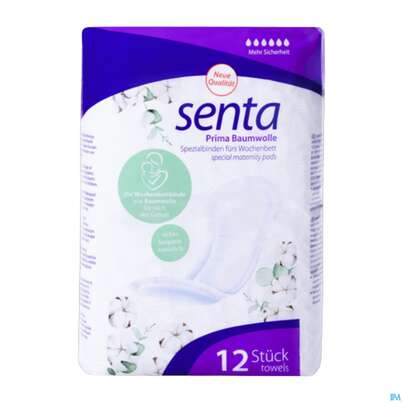 Sie sehen eine Packung Monatshygiene Binden Senta Prima Baumwolle 12st, Produktbild: 02 Monatshygiene Binden Senta Prima Baumwolle 12st, A-Nr.: 5959380 - 02