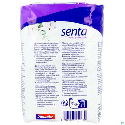 Sie sehen eine Packung Monatshygiene Binden Senta Prima Baumwolle 12st, Produktbild: 05 Monatshygiene Binden Senta Prima Baumwolle 12st, A-Nr.: 5959380 - 05