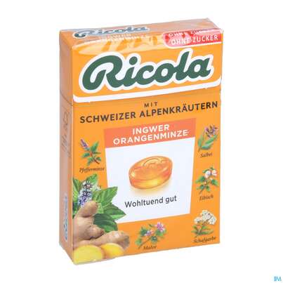 Sie sehen eine Packung Ricola Zuckerfrei Ingwer Orangenminze Box 50g, Produktbild: 02 Ricola Zuckerfrei Ingwer Orangenminze Box 50g, A-Nr.: 5627525 - 02