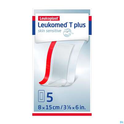 Sie sehen eine Packung Wundverband Leukomed T Plus/skin Sensitiv Folienverband +auflage Steril 8x15cm 5st, Produktbild: 02 Wundverband Leukomed T Plus/skin Sensitiv Folienverband +auflage Steril 8x15cm 5st, A-Nr.: 5267630 - 02