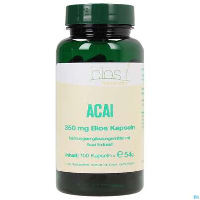 Sie sehen eine Packung Bios Acai 350mg 100 Kapseln, Produktbild: 01 Bios Acai 350mg 100 Kapseln, A-Nr.: 3890566 - 01