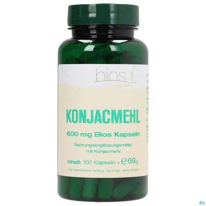 Sie sehen eine Packung Bios Konjac-mehl 600mg 100 Kapseln, Produktbild: 01 Bios Konjac-mehl 600mg 100 Kapseln, A-Nr.: 3891844 - 01