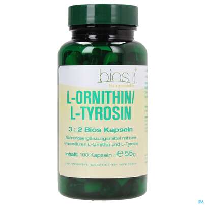 Sie sehen eine Packung Bios l-ornithin/l-tyrosin 4:3:4 100 Kapseln, Produktbild: 01 Bios l-ornithin/l-tyrosin 4:3:4 100 Kapseln, A-Nr.: 3892223 - 01