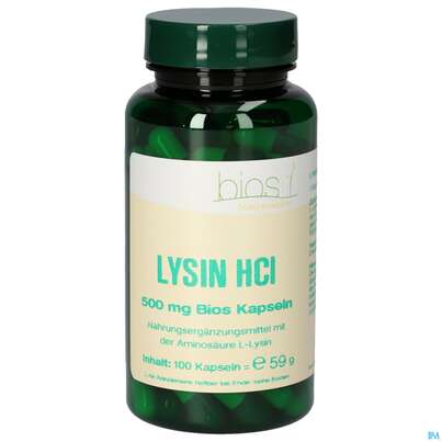 Sie sehen eine Packung Bios Lysin Hcl 500mg 100 Kapseln, Produktbild: 01 Bios Lysin Hcl 500mg 100 Kapseln, A-Nr.: 4247341 - 01