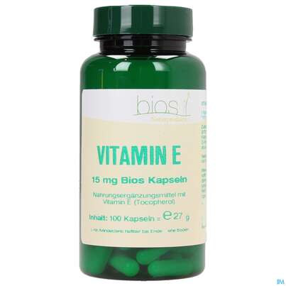 Sie sehen eine Packung Bios Vitamin E 15mg 100 Kapseln, Produktbild: 01 Bios Vitamin E 15mg 100 Kapseln, A-Nr.: 3893576 - 01