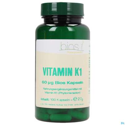 Sie sehen eine Packung Bios Vitamin K1 60 µg 100 Kapseln, Produktbild: 01 Bios Vitamin K1 60 µg 100 Kapseln, A-Nr.: 3893582 - 01