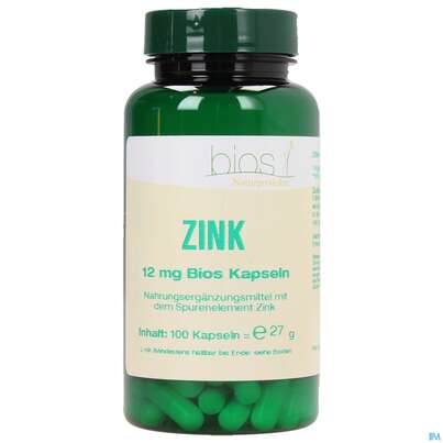 Sie sehen eine Packung Bios Zink 12mg 100 Kapseln, Produktbild: 01 Bios Zink 12mg 100 Kapseln, A-Nr.: 3893694 - 01