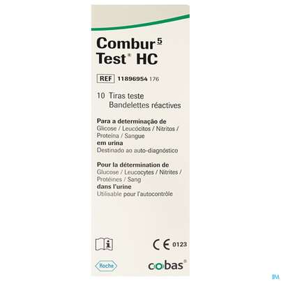Sie sehen eine Packung Diagnostika U.zubehoer Urinteststreifen/schnell Combur 5 Hc 10st, Produktbild: 01 Diagnostika U.zubehoer Urinteststreifen/schnell Combur 5 Hc 10st, A-Nr.: 3007126 - 01
