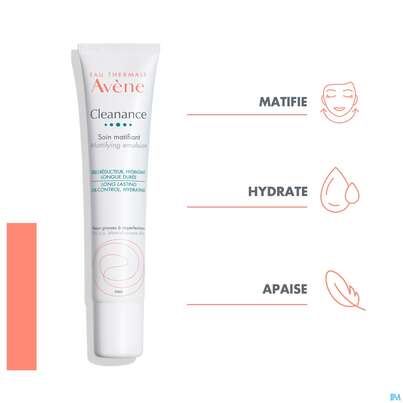 Sie sehen eine Packung Avene Cleanance Mattierende Emulsion 40ml, Produktbild: 12 Avene Cleanance Mattierende Emulsion 40ml, A-Nr.: 5379145 - 12