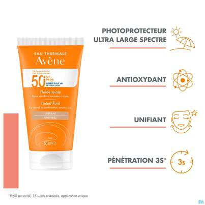 Sie sehen eine Packung Avène Getöntes Sonnenfluid Spf 50+ 50ml, Produktbild: 17 Avène Getöntes Sonnenfluid Spf 50+ 50ml, A-Nr.: 5598982 - 17