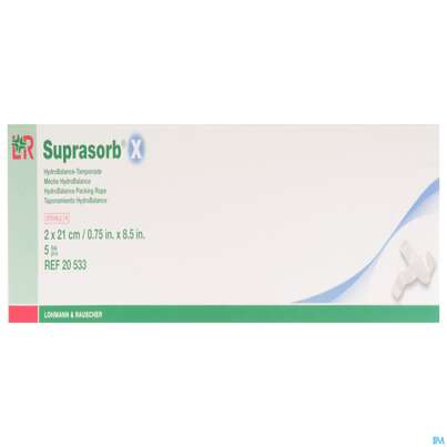 Sie sehen eine Packung Suprasorb/x Hydrobalance Wundverband Tamponade 2x 21cm 5st, Produktbild: 01 Suprasorb/x Hydrobalance Wundverband Tamponade 2x 21cm 5st, A-Nr.: 3065164 - 01