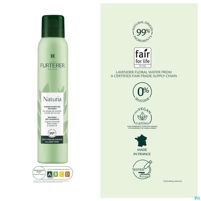 Sie sehen eine Packung Shampoon Furterer Trockenshampoon Naturia Unsichtbar 200ml, Produktbild: 16 Shampoon Furterer Trockenshampoon Naturia Unsichtbar 200ml, A-Nr.: 5745986 - 16
