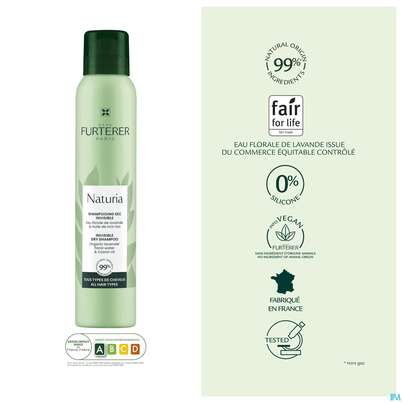 Sie sehen eine Packung Shampoon Furterer Trockenshampoon Naturia Unsichtbar 200ml, Produktbild: 19 Shampoon Furterer Trockenshampoon Naturia Unsichtbar 200ml, A-Nr.: 5745986 - 19