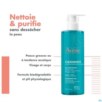 Sie sehen eine Packung Avene Cleanance Reinigungsgel 400ml, Produktbild: 10 Avene Cleanance Reinigungsgel 400ml, A-Nr.: 5379122 - 10