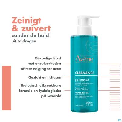 Sie sehen eine Packung Avene Cleanance Reinigungsgel 400ml, Produktbild: 14 Avene Cleanance Reinigungsgel 400ml, A-Nr.: 5379122 - 14