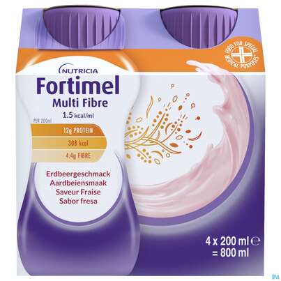 Sie sehen eine Packung Fortimel/multifibre 1,5kcal 200ml Flasche Erdbeer 4st, Produktbild: 02 Fortimel/multifibre 1,5kcal 200ml Flasche Erdbeer 4st, A-Nr.: 3237671 - 02