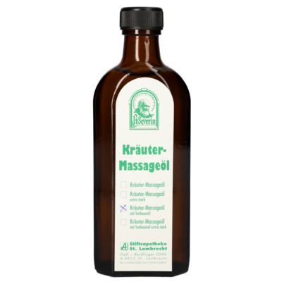 Sie sehen eine Packung KRAEUTERMASSAGEOEL + TEEBAUMOEL ST. SEVERIN 250ML, Produktbild: 01 KRAEUTERMASSAGEOEL + TEEBAUMOEL ST. SEVERIN 250ML, A-Nr.: 1807354 - 01