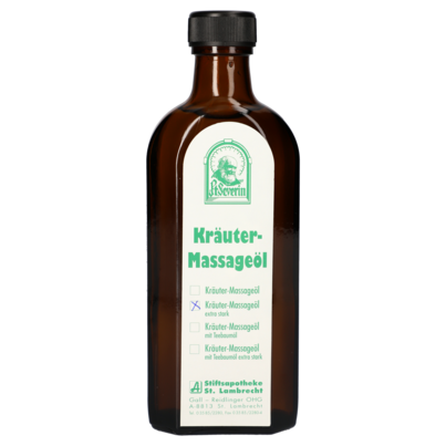 Sie sehen eine Packung KRAEUTERMASSAGEOEL EXTRASTARK ST. SEVERIN 250ML, Produktbild: 01 KRAEUTERMASSAGEOEL EXTRASTARK ST. SEVERIN 250ML, A-Nr.: 1807348 - 01