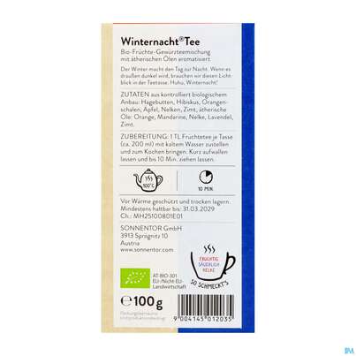 Sie sehen eine Packung Sonnentor Fruechtetee/bio Winternacht 01203 100g, Produktbild: 07 Sonnentor Fruechtetee/bio Winternacht 01203 100g, A-Nr.: 3574210 - 07