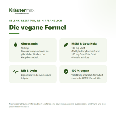 Sie sehen eine Packung Glucosamin+ vegan Kapseln 60 Stück, Produktbild: 02 Glucosamin+ vegan Kapseln 60 Stück, A-Nr.: 6129924 - 02