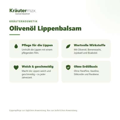 Sie sehen eine Packung Olivenöl Lippenbalsam 3,5 g, Produktbild: 02 Olivenöl Lippenbalsam 3,5 g, A-Nr.: 4311228 - 02