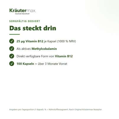 Sie sehen eine Packung Vitamin B12 aktiv Methylcobalamin Kapseln 100 Stück, Produktbild: 03 Vitamin B12 aktiv Methylcobalamin Kapseln 100 Stück, A-Nr.: 6130040 - 03
