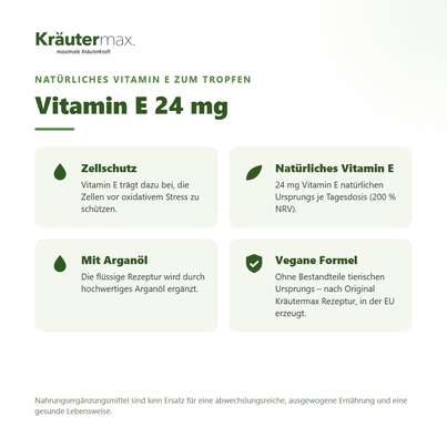 Sie sehen eine Packung Vitamin E 24 mg Tropfen vegan 15 ml, Produktbild: 02 Vitamin E 24 mg Tropfen vegan 15 ml, A-Nr.: 5289198 - 02