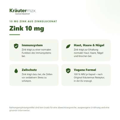 Sie sehen eine Packung Zink 10 mg Kapseln 120 Stück, Produktbild: 02 Zink 10 mg Kapseln 120 Stück, A-Nr.: 6130086 - 02