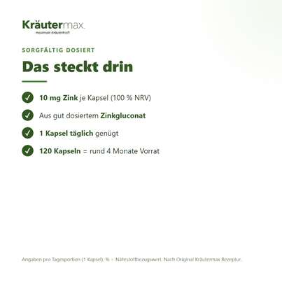 Sie sehen eine Packung Zink 10 mg Kapseln 120 Stück, Produktbild: 03 Zink 10 mg Kapseln 120 Stück, A-Nr.: 6130086 - 03