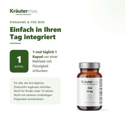 Sie sehen eine Packung Zink 10 mg Kapseln 120 Stück, Produktbild: 04 Zink 10 mg Kapseln 120 Stück, A-Nr.: 6130086 - 04