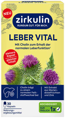 Sie sehen eine Packung Zirkulin Leber Vital hochdosiert KAP 30ST, Produktbild: 01 Zirkulin Leber Vital hochdosiert KAP 30ST, A-Nr.: 6142250 - 01