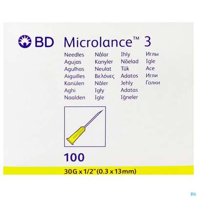 Sie sehen eine Packung Injektionsspritzen U.zubeh. Kanuele Microlance 30g 1/2 0,30x13mm 100st, Produktbild: 01 Injektionsspritzen U.zubeh. Kanuele Microlance 30g 1/2 0,30x13mm 100st, A-Nr.: 3297940 - 01