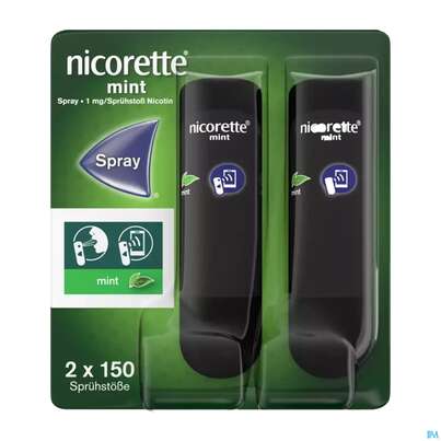 Sie sehen eine Packung Nicorette Spray 1mg/spruehstoss Z.anw.i.d.mundhoehle lösung Mint 2st, Produktbild: 01 Nicorette Spray 1mg/spruehstoss Z.anw.i.d.mundhoehle lösung Mint 2st, A-Nr.: 3916142 - 01