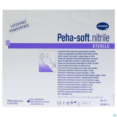Sie sehen eine Packung Untersuchungshandschuhe Peha/soft/puderfrei Nitrile Sterile L 100st, Produktbild: 01 Untersuchungshandschuhe Peha/soft/puderfrei Nitrile Sterile L 100st, A-Nr.: 3997614 - 01