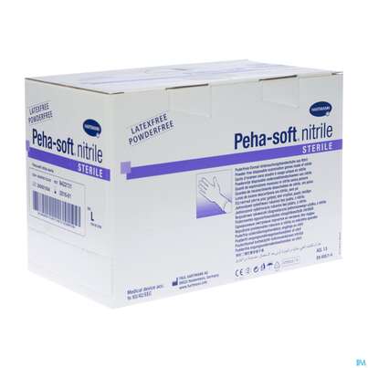 Sie sehen eine Packung Untersuchungshandschuhe Peha/soft/puderfrei Nitrile Sterile L 100st, Produktbild: 03 Untersuchungshandschuhe Peha/soft/puderfrei Nitrile Sterile L 100st, A-Nr.: 3997614 - 03
