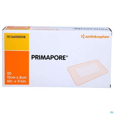 Sie sehen eine Packung Wundverband Primapore Steril 8x 15cm 20st, Produktbild: 01 Wundverband Primapore Steril 8x 15cm 20st, A-Nr.: 2213585 - 01