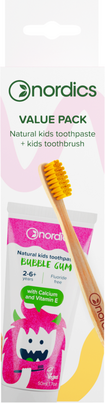 Sie sehen eine Packung Nordics Zahnpasta Kids Bubble Gum + Öko Zahnbürste Kids Bambus Gelb, Produktbild: 01 Nordics Zahnpasta Kids Bubble Gum + Öko Zahnbürste Kids Bambus Gelb, A-Nr.: 5666896 - 01