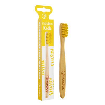 Sie sehen eine Packung Nordics Öko Zahnbürste Kids Bambus mit gelben Borsten, Produktbild: 01 Nordics Öko Zahnbürste Kids Bambus mit gelben Borsten, A-Nr.: 5332132 - 01
