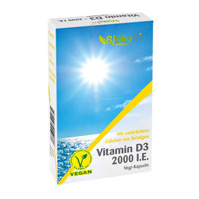 Sie sehen eine Packung BjökoVit Vitamin D3 Kapseln vegan, Produktbild: 02 BjökoVit Vitamin D3 Kapseln vegan, A-Nr.: 5174584 - 02