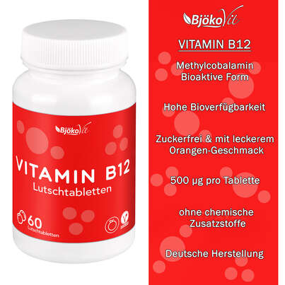 Sie sehen eine Packung BjökoVit Vitamin B12 Lutschtabletten 500mcg vegan, Produktbild: 08 BjökoVit Vitamin B12 Lutschtabletten 500mcg vegan, A-Nr.: 5174615 - 08