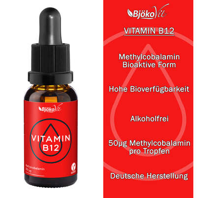 Sie sehen eine Packung BjökoVit Vitamin B12 Tropfen vegan, Produktbild: 07 BjökoVit Vitamin B12 Tropfen vegan, A-Nr.: 5174710 - 07