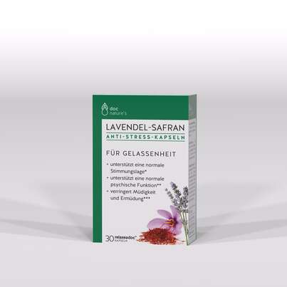 Sie sehen eine Packung doc nature’s LAVENDEL-SAFRAN ANTI-STRESS KAPSELN, Produktbild: 02 doc nature’s LAVENDEL-SAFRAN ANTI-STRESS KAPSELN, A-Nr.: 4604545 - 02