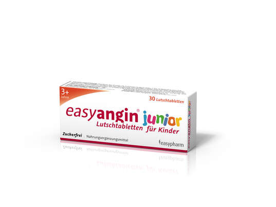 Sie sehen eine Packung easyangin junior Lutschtabletten für Kinder, Produktbild: 01 easyangin junior Lutschtabletten für Kinder, A-Nr.: 4150400 - 01