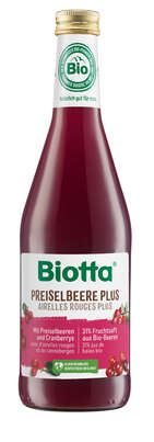 Sie sehen eine Packung Biotta PREISELBEERE PLUS Bio, Produktbild: 01 Biotta PREISELBEERE PLUS Bio, A-Nr.: 5356167 - 01