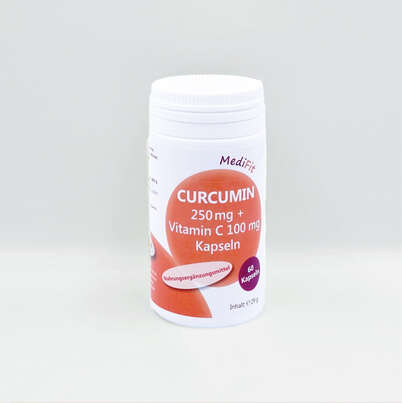 Sie sehen eine Packung Curcumin 250 mg + Vitamin C 100 mg, Produktbild: 01 Curcumin 250 mg + Vitamin C 100 mg, A-Nr.: 4751068 - 01