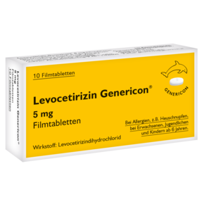 Sie sehen eine Packung Levocetirizin Genericon® lindert Allergiesymptome, Produktbild: 01 Levocetirizin Genericon® lindert Allergiesymptome, A-Nr.: 3545800 - 01