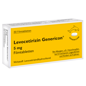Sie sehen eine Packung Levocetirizin Genericon® lindert Allergiesymptome, Produktbild: 01 Levocetirizin Genericon® lindert Allergiesymptome, A-Nr.: 3545817 - 01